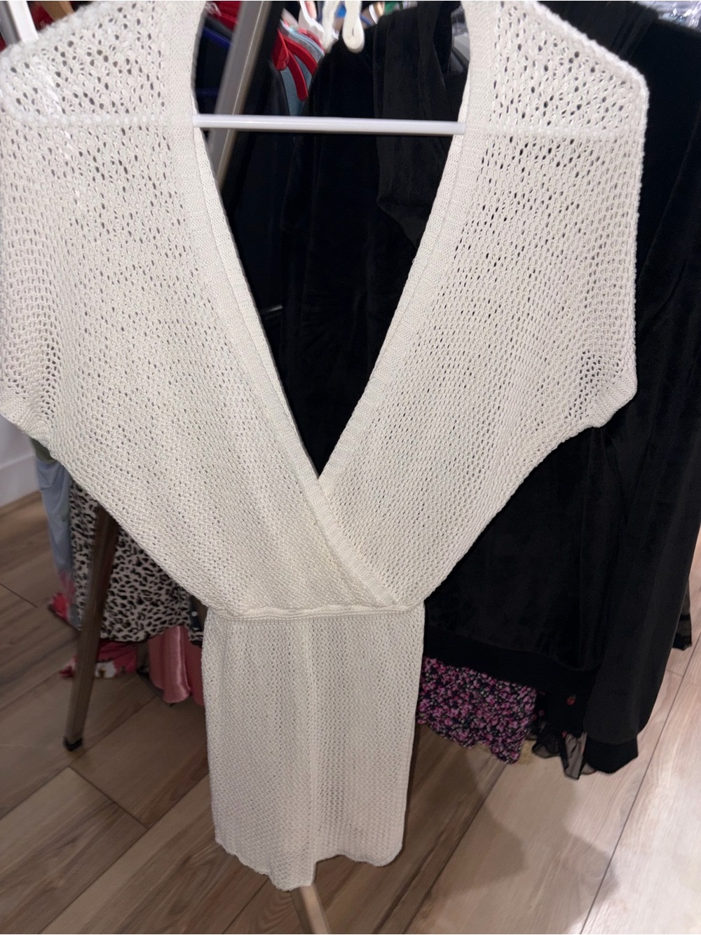2: Boho Crochet Beach Cover Up Plunge Dress Cream White Side Corset Lace Up M